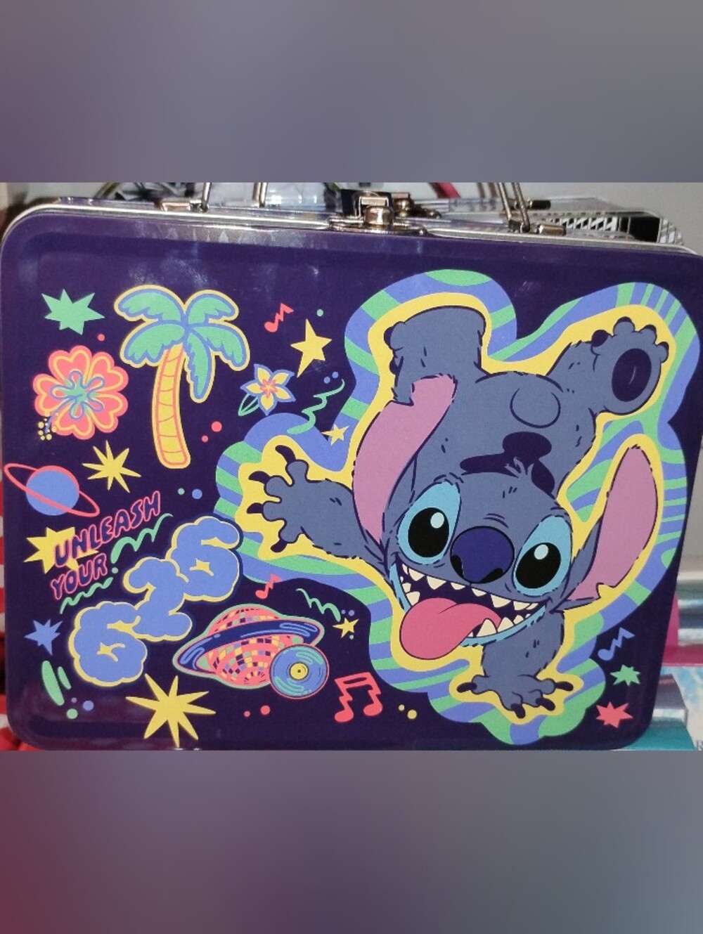 Disney Neon Stitch Pop Art Metal Lunch Box – Purple, Pink, Teal, Yellow, Green